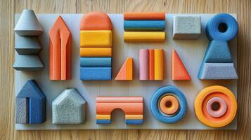 A set of colorful wooden blocks arranged on a table photo