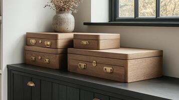 Three wooden boxes sitting on a counter next to a window photo