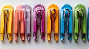 A row of colorful plastic hair clips photo