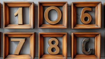 A number of wooden numbers are displayed in frames photo