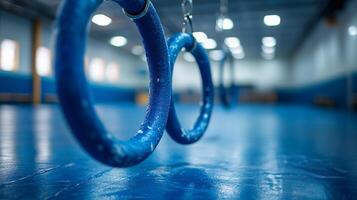 Blue rings hanging from the ceiling in an indoor gym photo