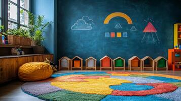 A colorful playroom with a chalkboard on the wall photo