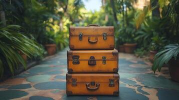 Three suitcases stacked on top of each other in a tropical garden photo