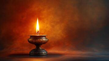 Ornate oil lamp illuminating a warm, soft background in a serene environment photo