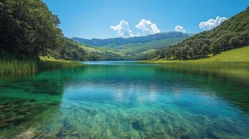 A lake surrounded by mountains and green grass photo