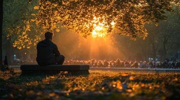 Man sitting on bench in park at sunset photo