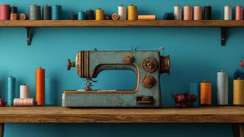 A sewing machine sits on a wooden table with spools of thread photo