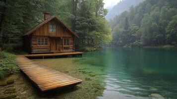 A small wooden cabin sits on the edge of a lake photo