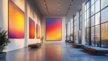 Modern art in a large lobby with large paintings photo