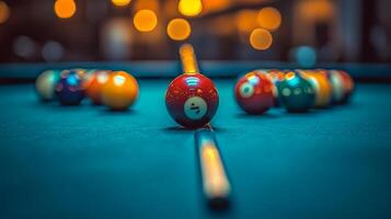 Billiard balls on a pool table photo