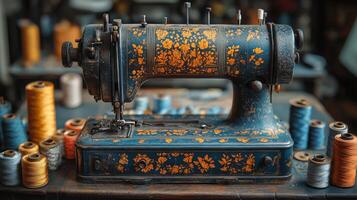 An old sewing machine with spools of thread photo