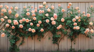 A bush of pink roses growing on a fence photo