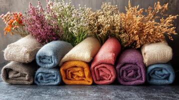 Colorful towels and dried flowers on a dark background photo