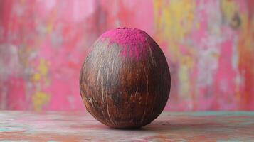 A coconut with pink paint on it photo