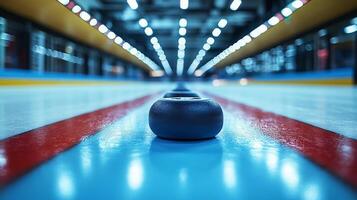 A curling ball sits on the ice in a curling rink photo