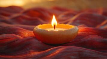 A candle is lit on a cloth photo
