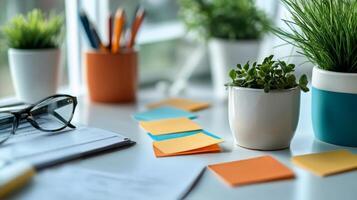 Office desk with plants and office supplies photo
