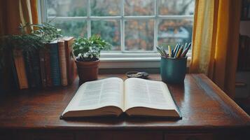 An open book on a desk in front of a window photo