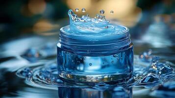 A jar of water with blue liquid splashing into it photo