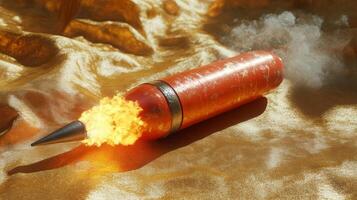 A red bullet is on fire in the sand photo