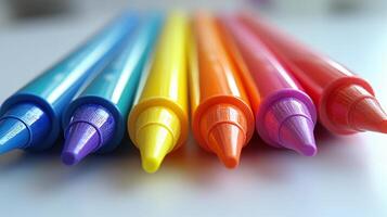 A group of colored pens on a white surface photo