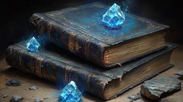 Two books with blue crystals on top photo