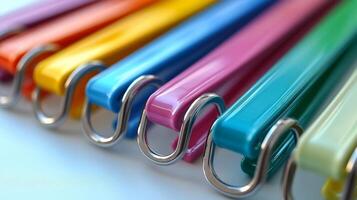 A row of colorful plastic clips photo
