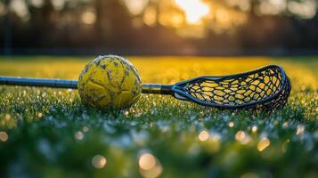 A lacrosse ball and net laying on the grass photo