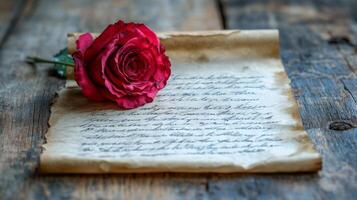 A rose is placed on a piece of paper with an old letter photo