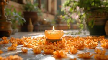 A candle is lit on a flower petals photo