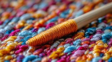 A close up of a crochet needle on a colorful rug photo