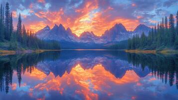 A beautiful sunset over a lake with mountains in the background photo