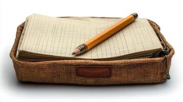 Pencil and notebook in a bag on a white background photo