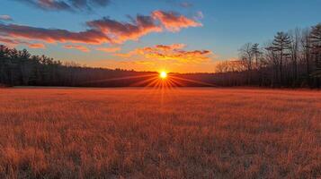 A field with a sunset in the background photo
