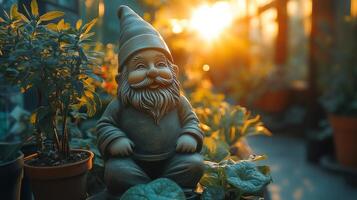 A gnome statue sits in a pot on a table photo