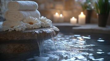 A waterfall with candles and flowers in a spa photo