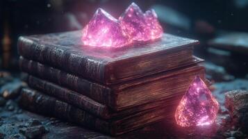 Three purple crystals sitting on top of a stack of books photo