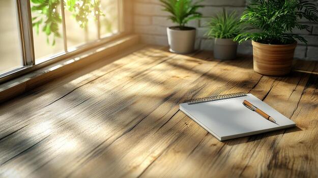 Notebook and pen on wooden floor with window in the background 3d rendering photo