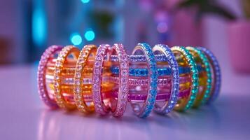 A stack of colorful bangles on a table photo