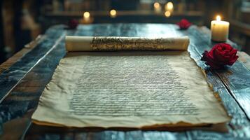 A scroll with a candle on a table photo