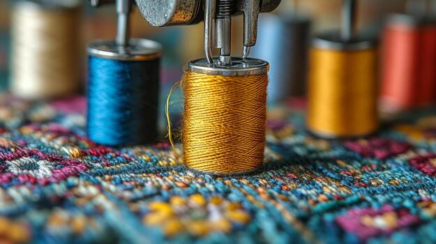 A spool of thread is sitting on top of a sewing machine photo