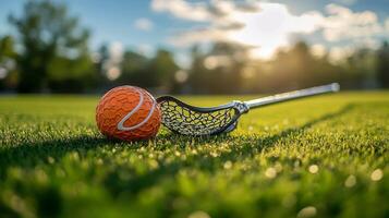 A lacrosse ball and stick laying on the grass photo