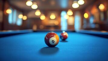 Billiard table with billiard balls and 8 ball photo