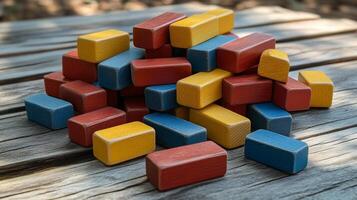 Colorful wooden blocks arranged in a playful stack on a rustic wooden surface in outdoor sunlight photo