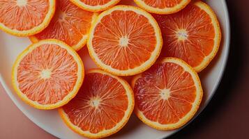 Freshly sliced oranges arranged neatly on decorative plates in natural light photo