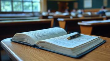 An open book on a wooden table in a classroom photo