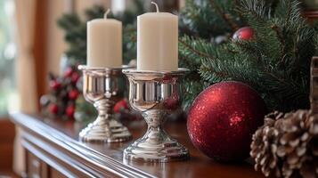 Two silver candlesticks on a mantle with christmas decorations photo