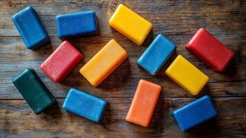 Colorful plastic blocks on a wooden surface photo