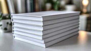 A stack of white books on a table photo