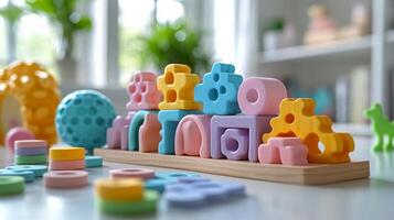 Colorful toy blocks on a table with a window photo